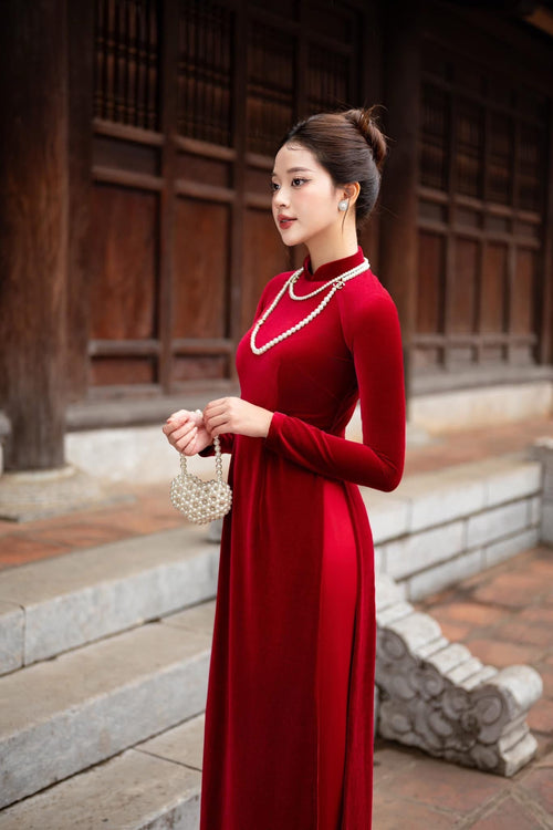 Plain Red Velvet Ao Dai For Women NO Pants | Áo Dài Truyền Thống F33