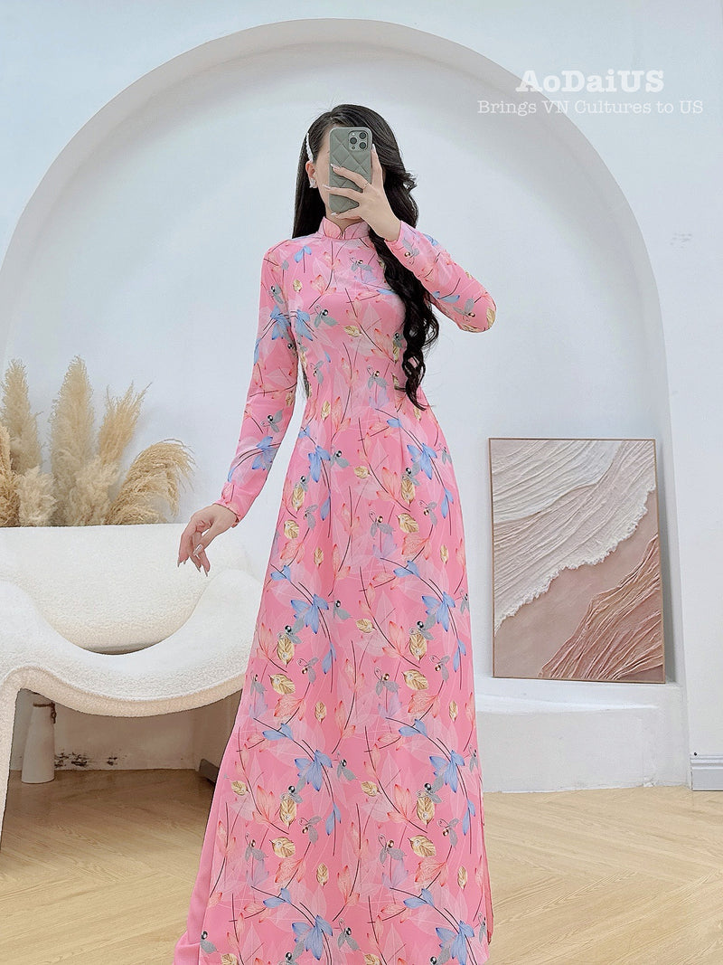 Pink Leaf Traditional Ao Dai Set | Traditional Vietnamese Ao Dai D31