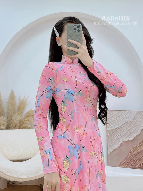 Pink Leaf Traditional Ao Dai Set | Traditional Vietnamese Ao Dai D31