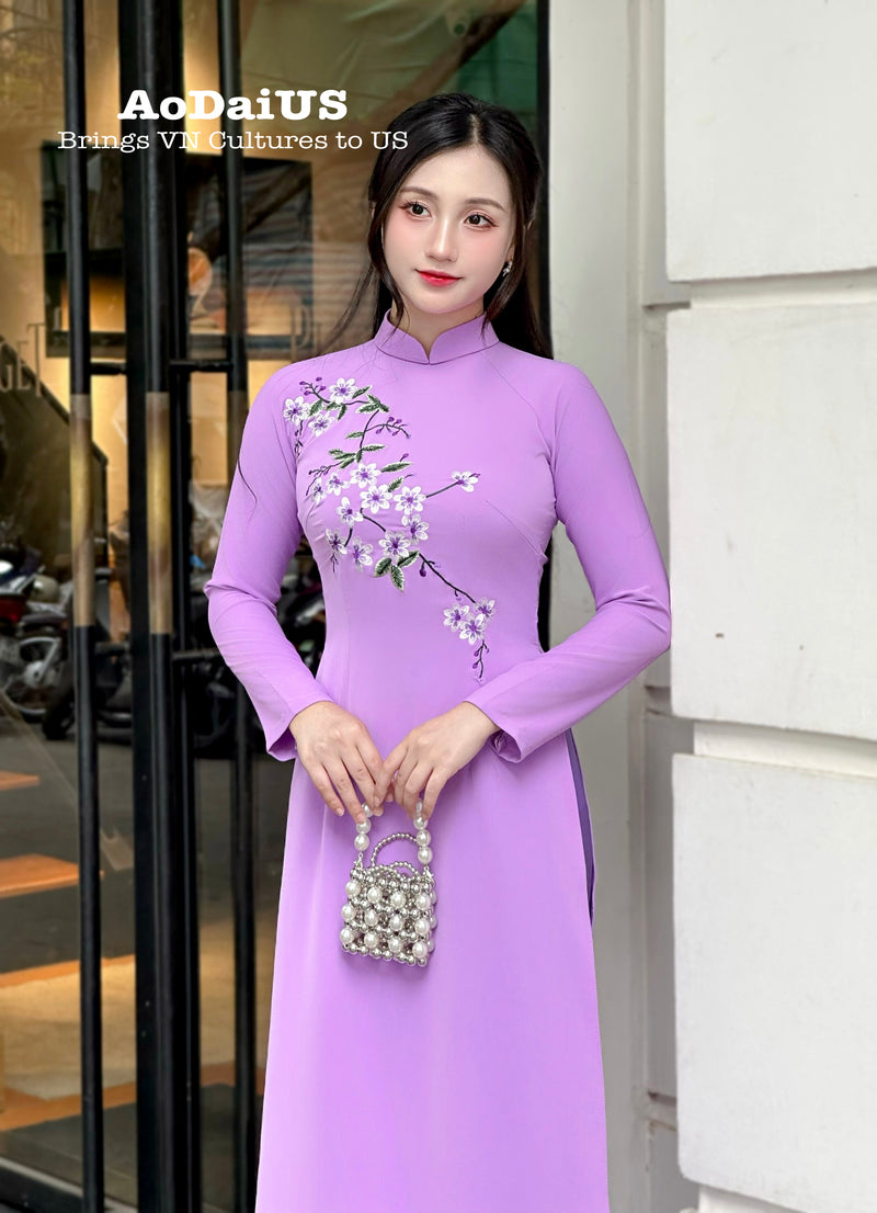 Flowers embroidered Pastel Purple Ao Dai Set | Traditional Vietnamese Ao Dai H2