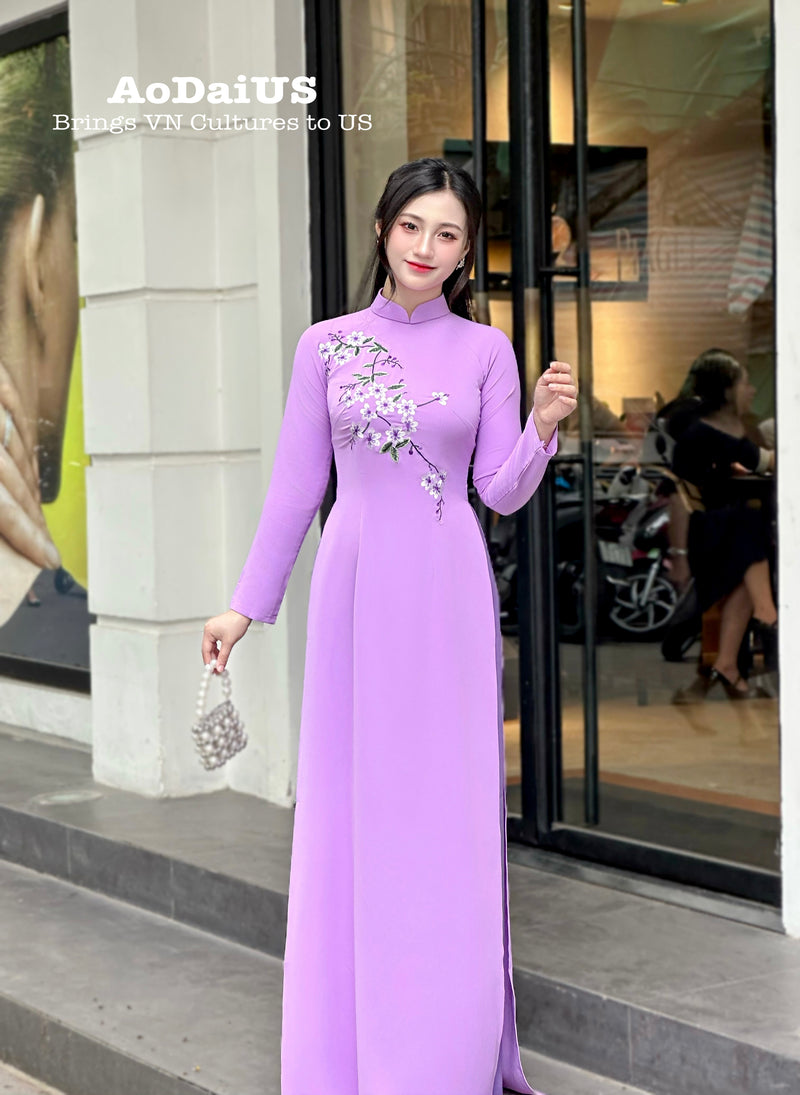 Flowers embroidered Pastel Purple Ao Dai Set | Traditional Vietnamese Ao Dai H2