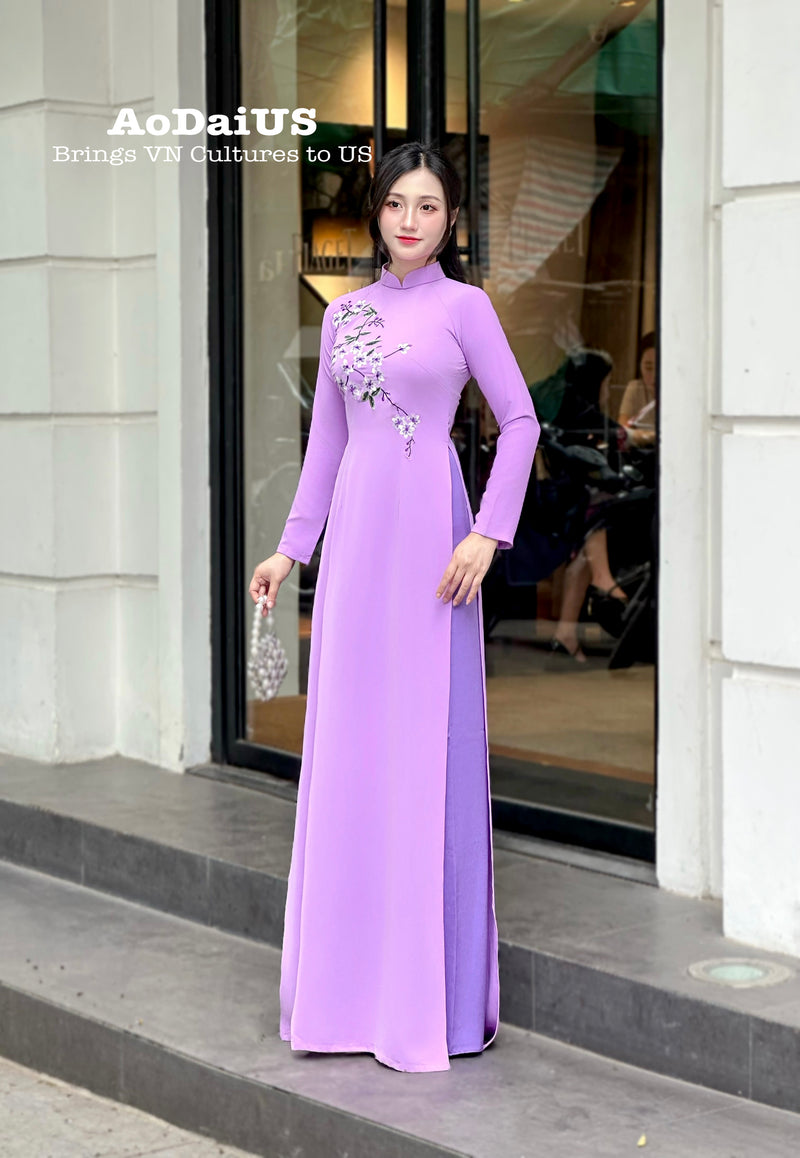 Flowers embroidered Pastel Purple Ao Dai Set | Traditional Vietnamese Ao Dai H2