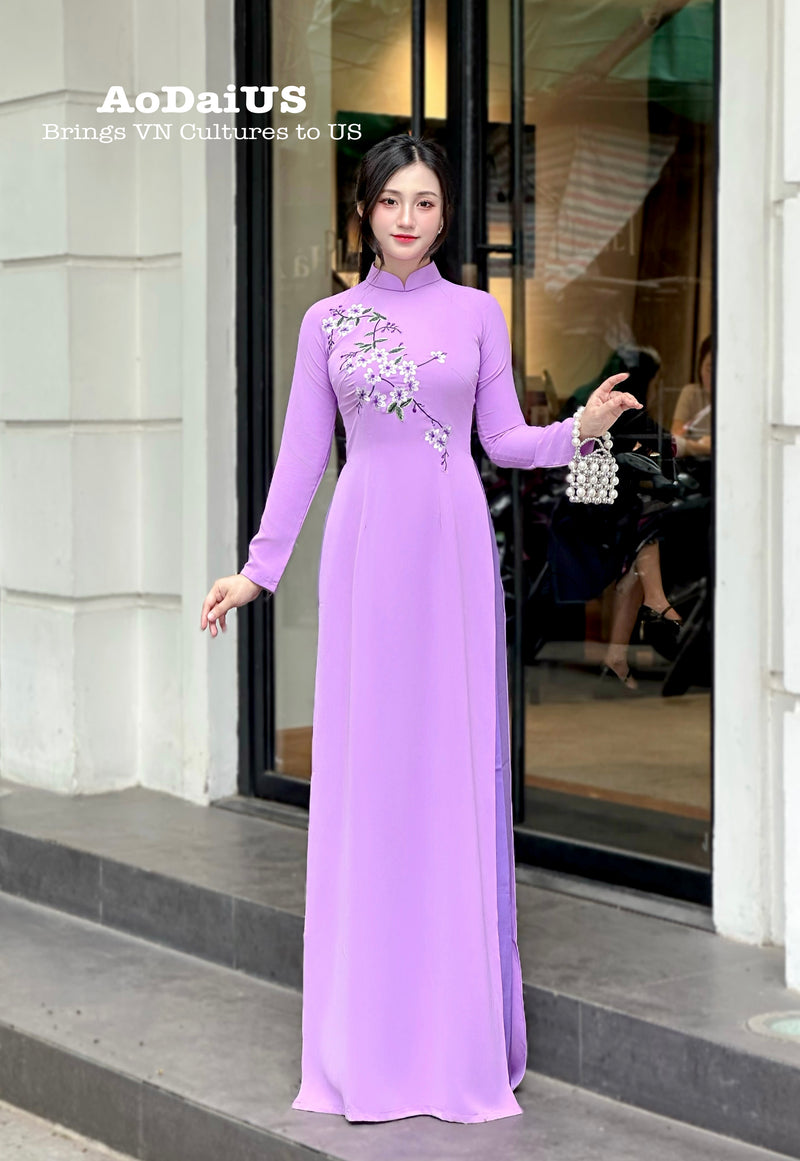 Flowers embroidered Pastel Purple Ao Dai Set | Traditional Vietnamese Ao Dai H2