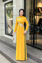Flowers embroidered Yellow Ao Dai Set | Traditional Vietnamese Ao Dai H40