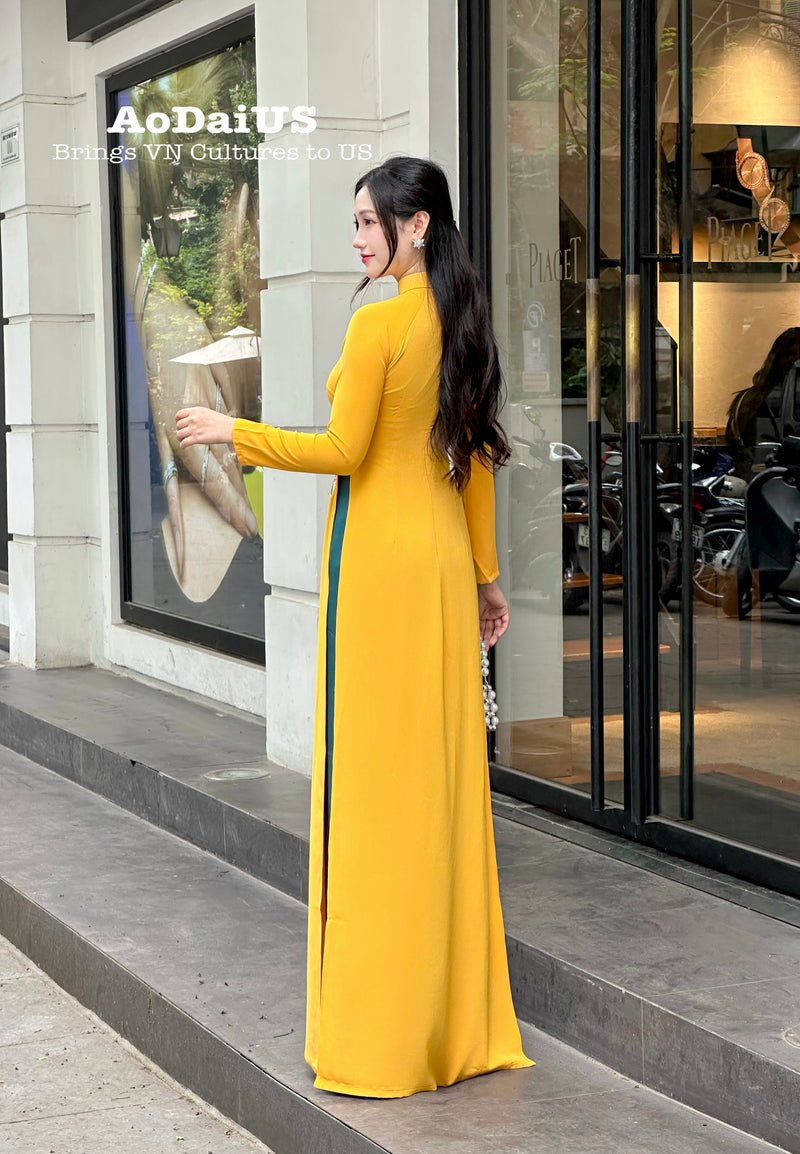 Flowers embroidered Yellow Ao Dai Set | Traditional Vietnamese Ao Dai H40