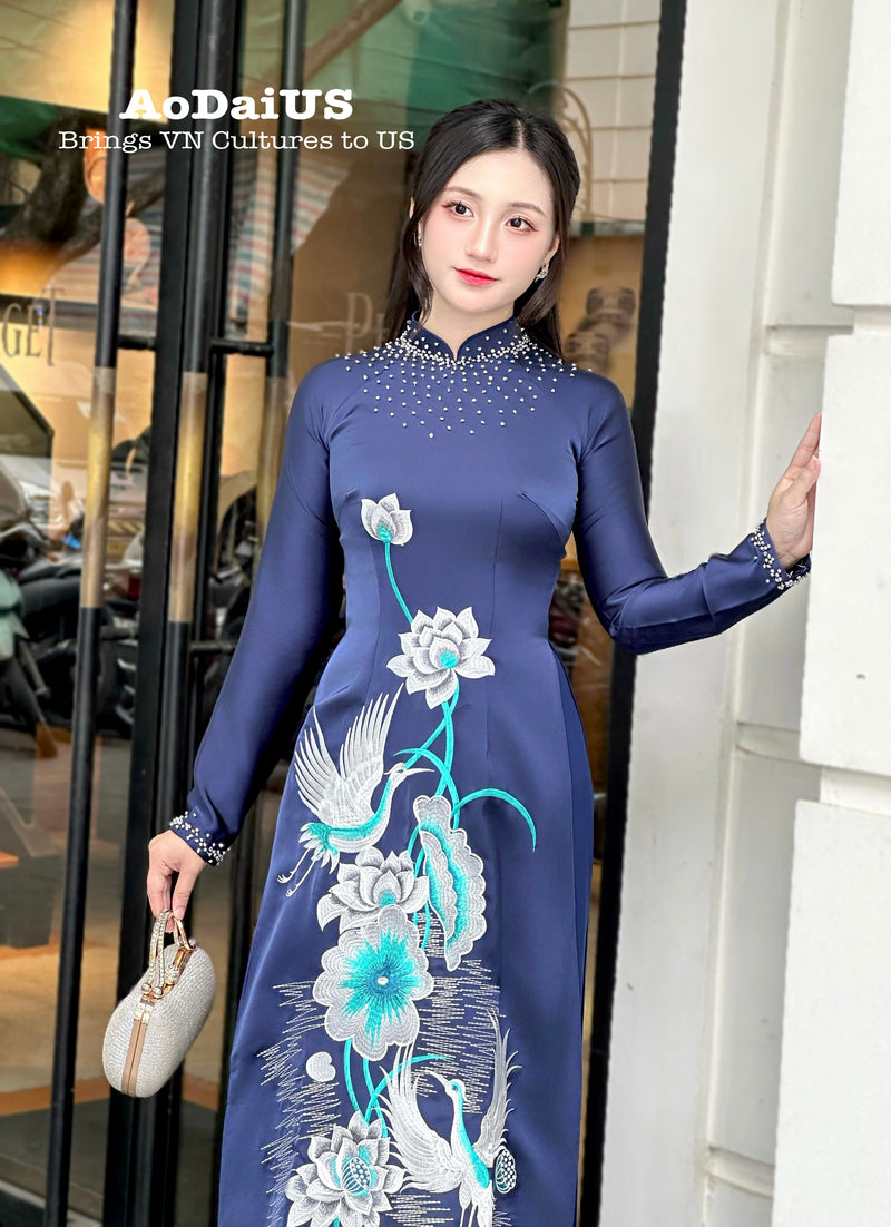 Navy Blue Designed ao dai with crystals & Bird Embroidery No pants | Ao dai for special events | Ao dai for Wedding H52