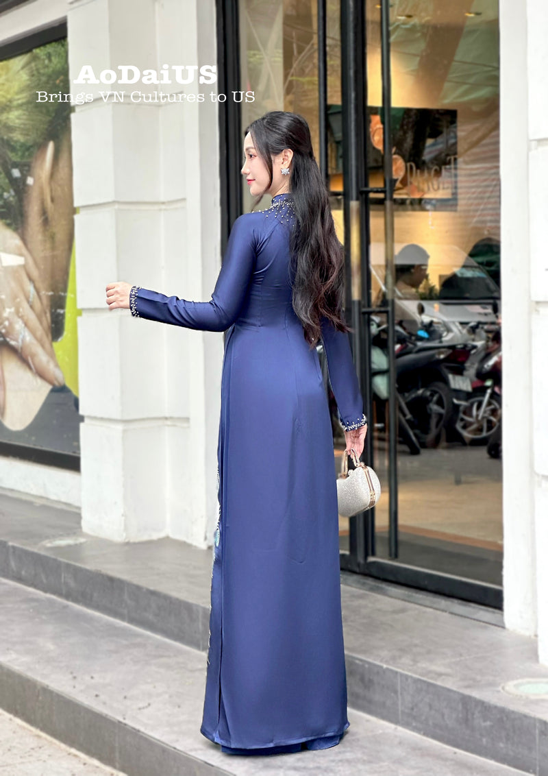 Navy Blue Designed ao dai with crystals & Bird Embroidery No pants | Ao dai for special events | Ao dai for Wedding H52