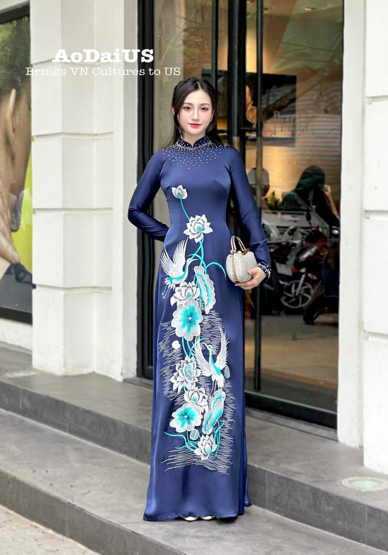 Navy Blue Designed ao dai with crystals & Bird Embroidery No pants | Ao dai for special events | Ao dai for Wedding H52