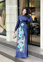 Navy Blue Designed ao dai with crystals & Bird Embroidery No pants | Ao dai for special events | Ao dai for Wedding H52
