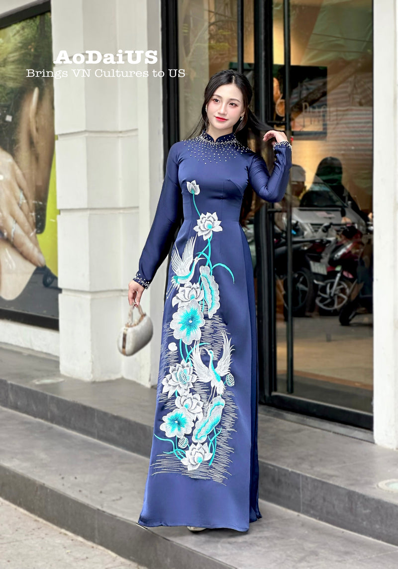 Navy Blue Designed ao dai with crystals & Bird Embroidery No pants | Ao dai for special events | Ao dai for Wedding H52