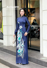 Navy Blue Designed ao dai with crystals & Bird Embroidery No pants | Ao dai for special events | Ao dai for Wedding H52