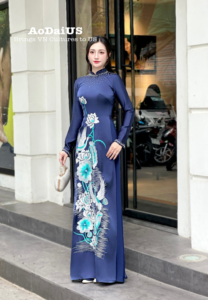 Navy Blue Designed ao dai with crystals & Bird Embroidery No pants | Ao dai for special events | Ao dai for Wedding H52