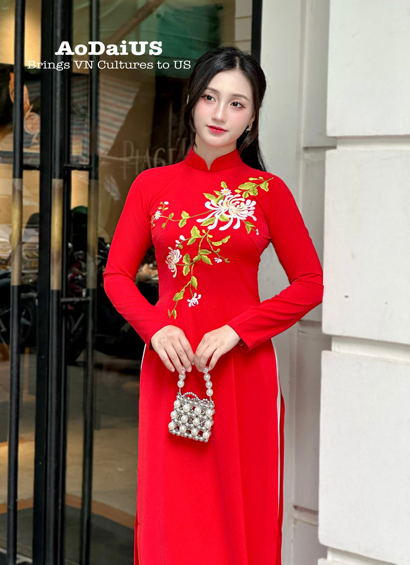 Red embroidered Ao Dai featuring chrysanthemum flowers | Traditional Vietnamese Ao Dai H3