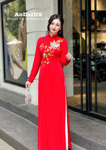 Red embroidered Ao Dai featuring chrysanthemum flowers | Traditional Vietnamese Ao Dai H3