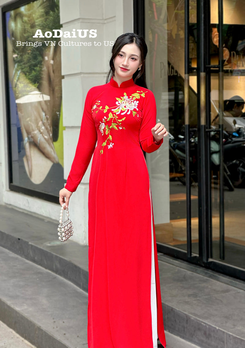 Red embroidered Ao Dai featuring chrysanthemum flowers | Traditional Vietnamese Ao Dai H3