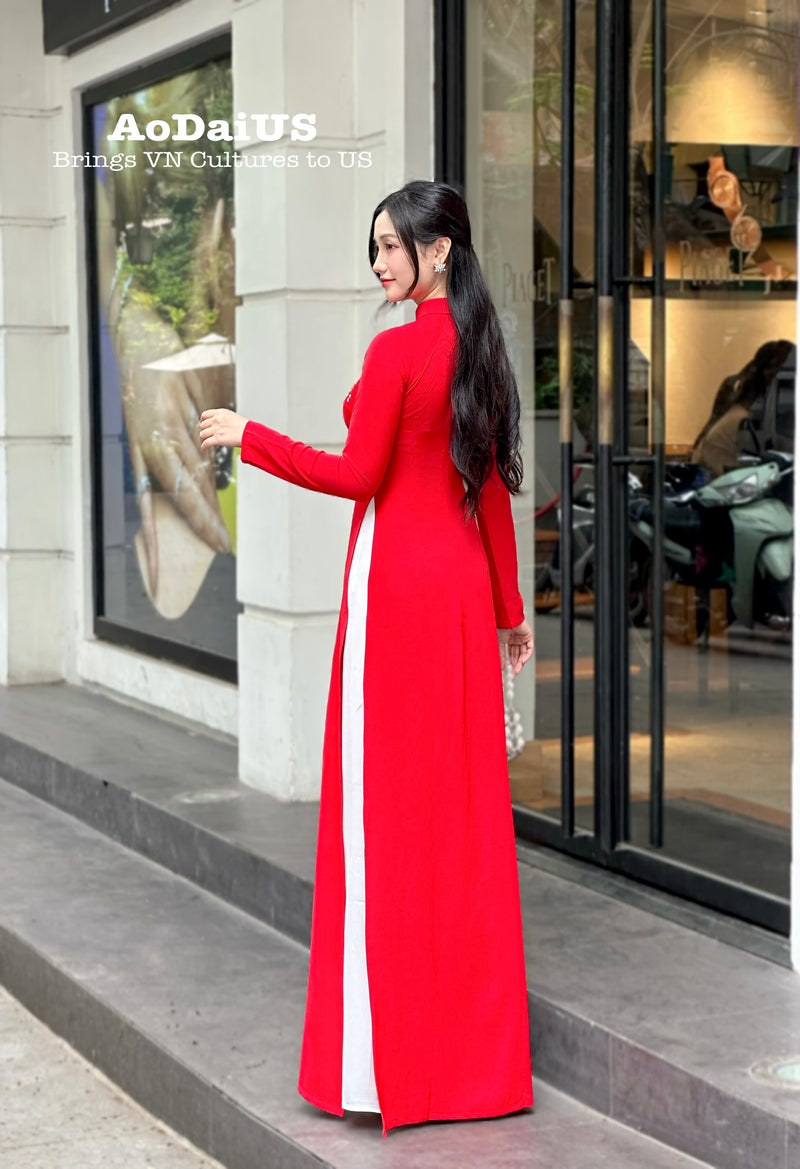 Red embroidered Ao Dai featuring chrysanthemum flowers | Traditional Vietnamese Ao Dai H3