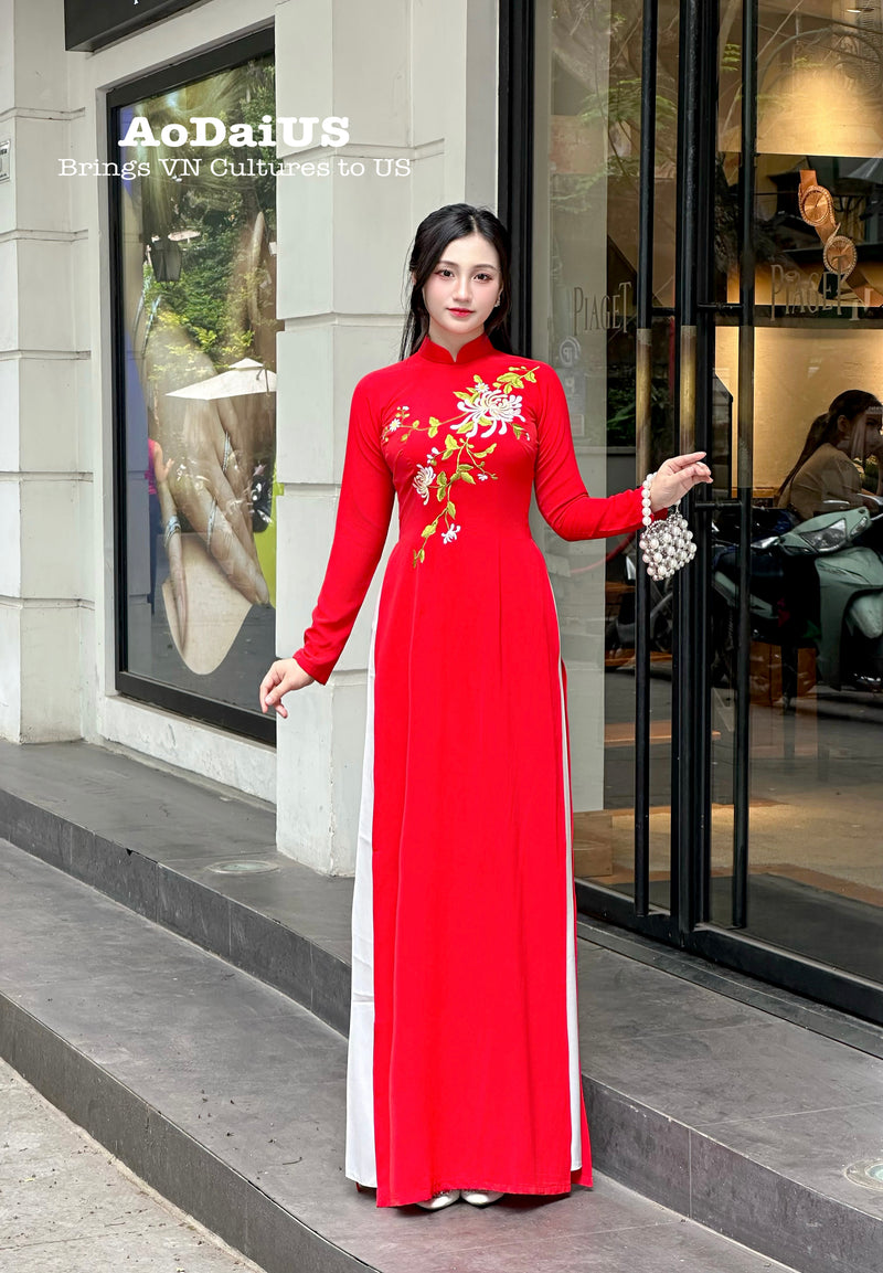 Red embroidered Ao Dai featuring chrysanthemum flowers | Traditional Vietnamese Ao Dai H3