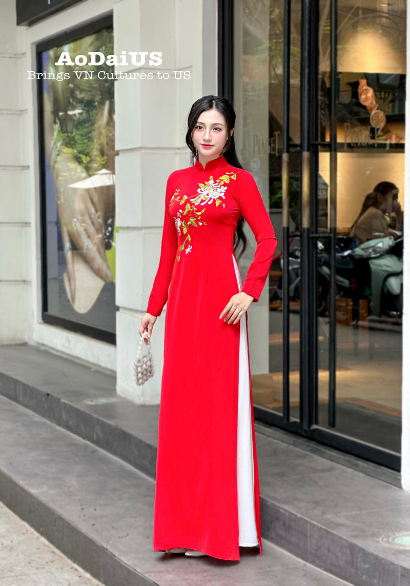 Red embroidered Ao Dai featuring chrysanthemum flowers | Traditional Vietnamese Ao Dai H3