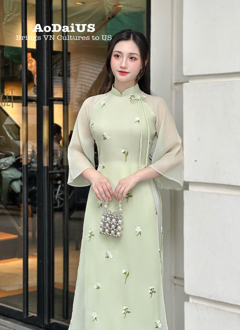 Light Green Ao Dai with White Floral Embroidery No Pants |Modern Vietnamese Ao Dai H2