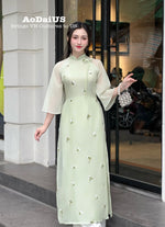 Light Green Ao Dai with White Floral Embroidery No Pants |Modern Vietnamese Ao Dai H2