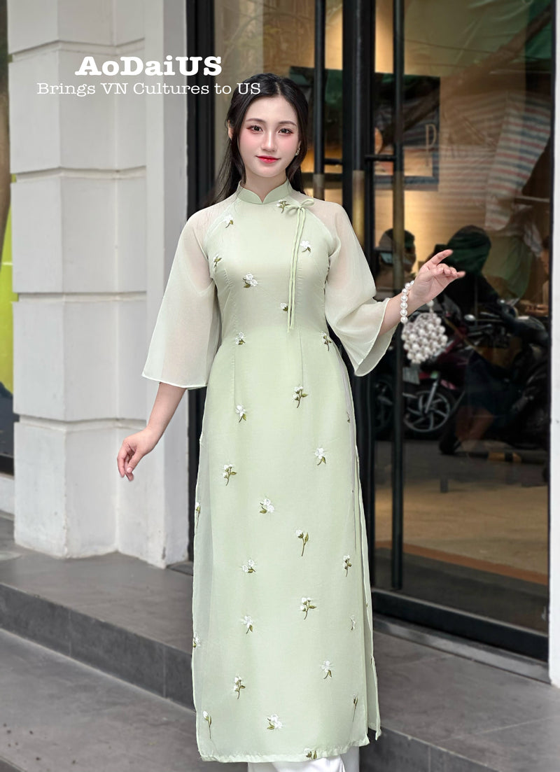 Light Green Ao Dai with White Floral Embroidery No Pants |Modern Vietnamese Ao Dai H2