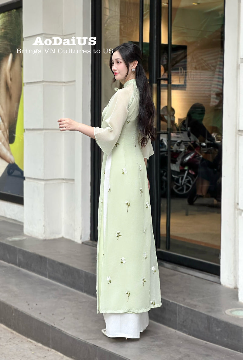 Light Green Ao Dai with White Floral Embroidery No Pants |Modern Vietnamese Ao Dai H2
