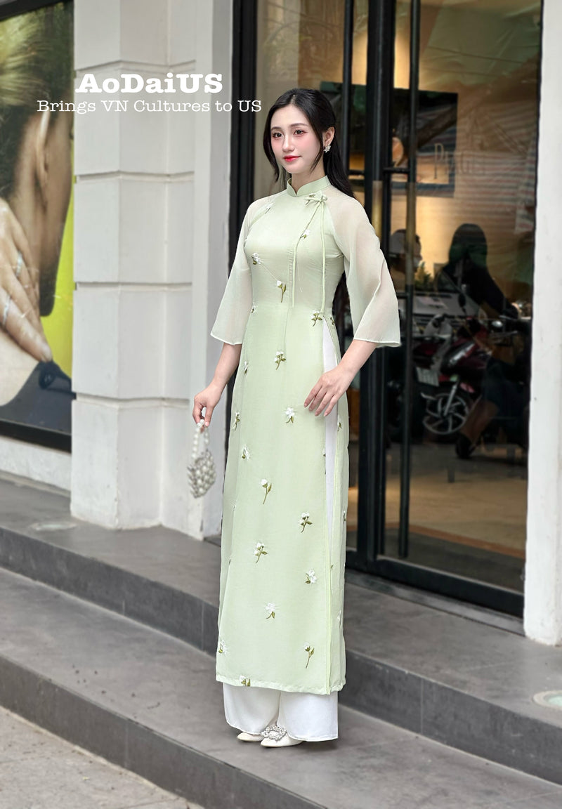 Light Green Ao Dai with White Floral Embroidery No Pants |Modern Vietnamese Ao Dai H2