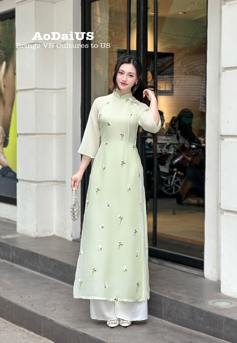 Light Green Ao Dai with White Floral Embroidery No Pants |Modern Vietnamese Ao Dai H2