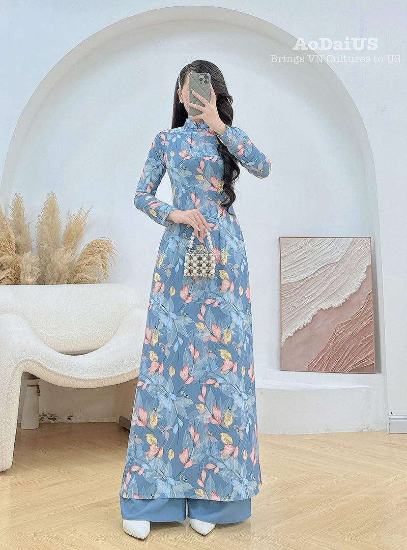 Gray Leaf Traditional Ao Dai Set | Traditional Vietnamese Ao Dai D31