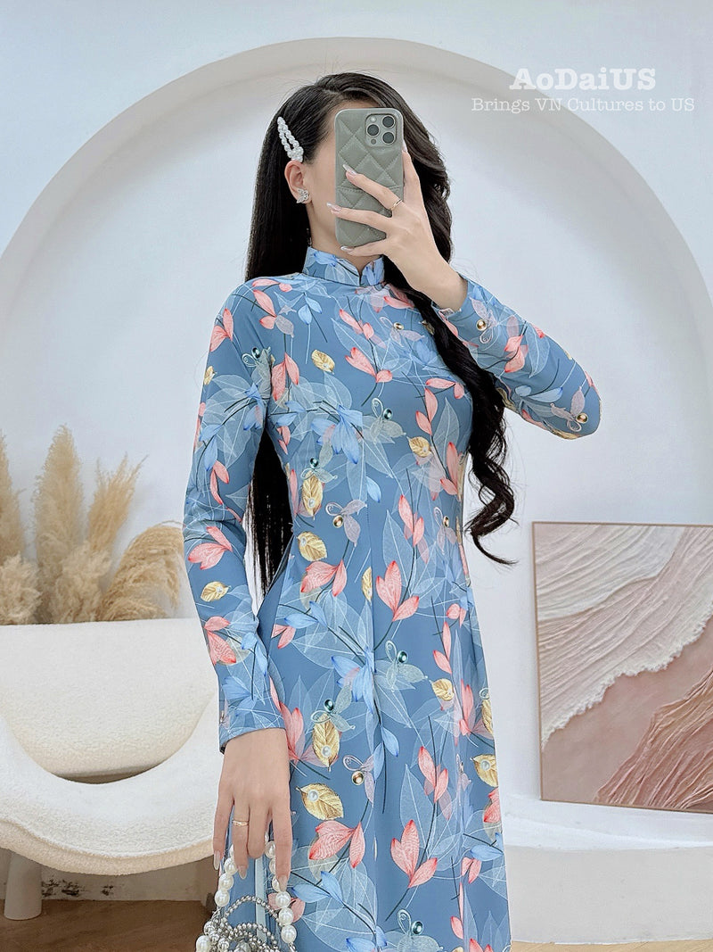 Gray Leaf Traditional Ao Dai Set | Traditional Vietnamese Ao Dai D31