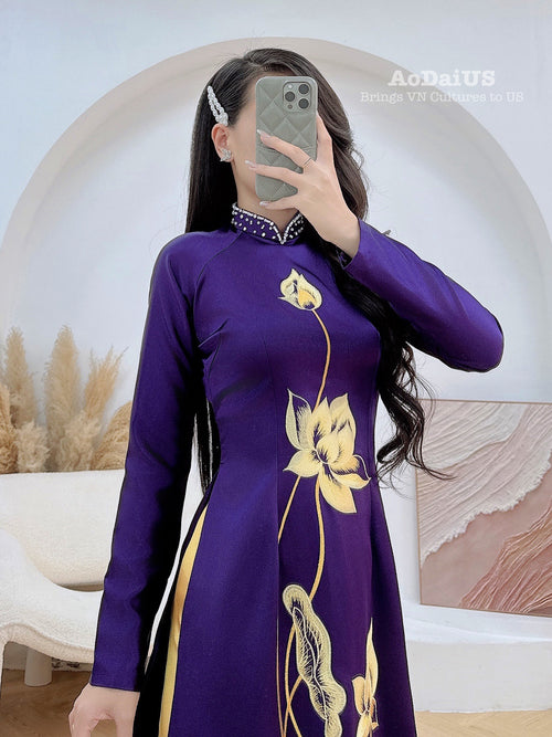 Embroidered Lotus Crystal & Pearl Áo Dài | Traditional Vietnamese Ao Dai E17