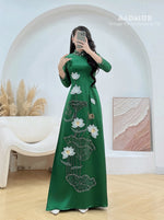 Green Designed Ao dai with  3D Lotus Hand beaded crystals | Traditional Vietnamese Ao Dai E17