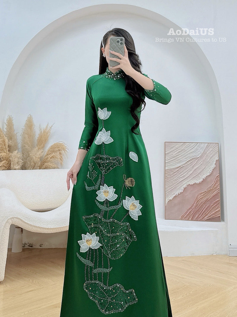 Green Designed Ao dai with  3D Lotus Hand beaded crystals | Traditional Vietnamese Ao Dai E17