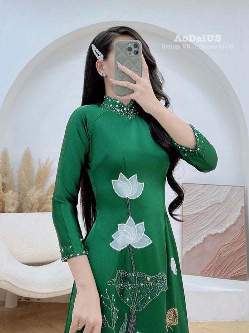 Green Designed Ao dai with  3D Lotus Hand beaded crystals | Traditional Vietnamese Ao Dai E17