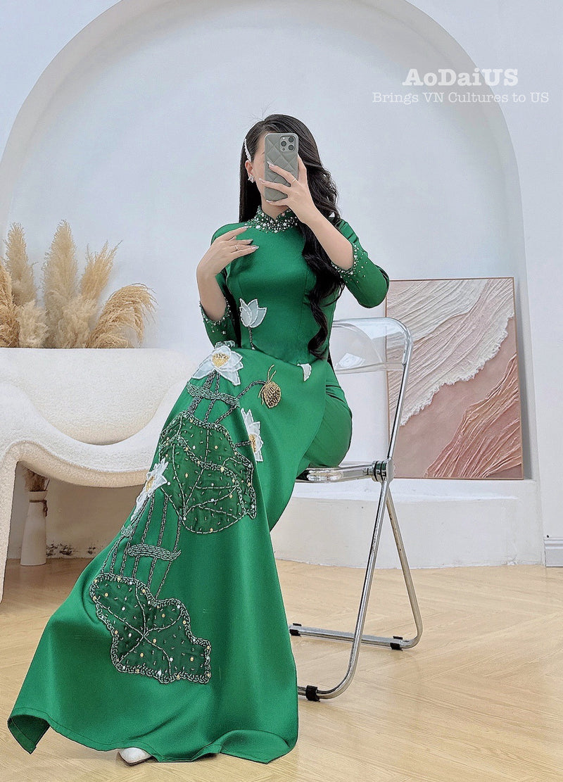 Green Designed Ao dai with  3D Lotus Hand beaded crystals | Traditional Vietnamese Ao Dai E17