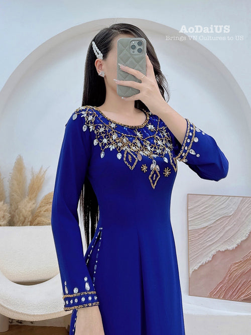 Vietnamese Ao Dai: My Silk Crystal & Pearl Embellished Dress E25