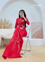 Red Bridal Ao Dai with Crystal Embellished Cranes and Lotus Flowers | Red Bridal Dress E24