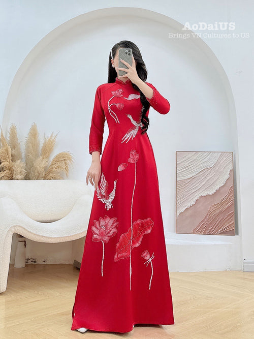 Red Bridal Ao Dai with Crystal Embellished Cranes and Lotus Flowers | Red Bridal Dress E24