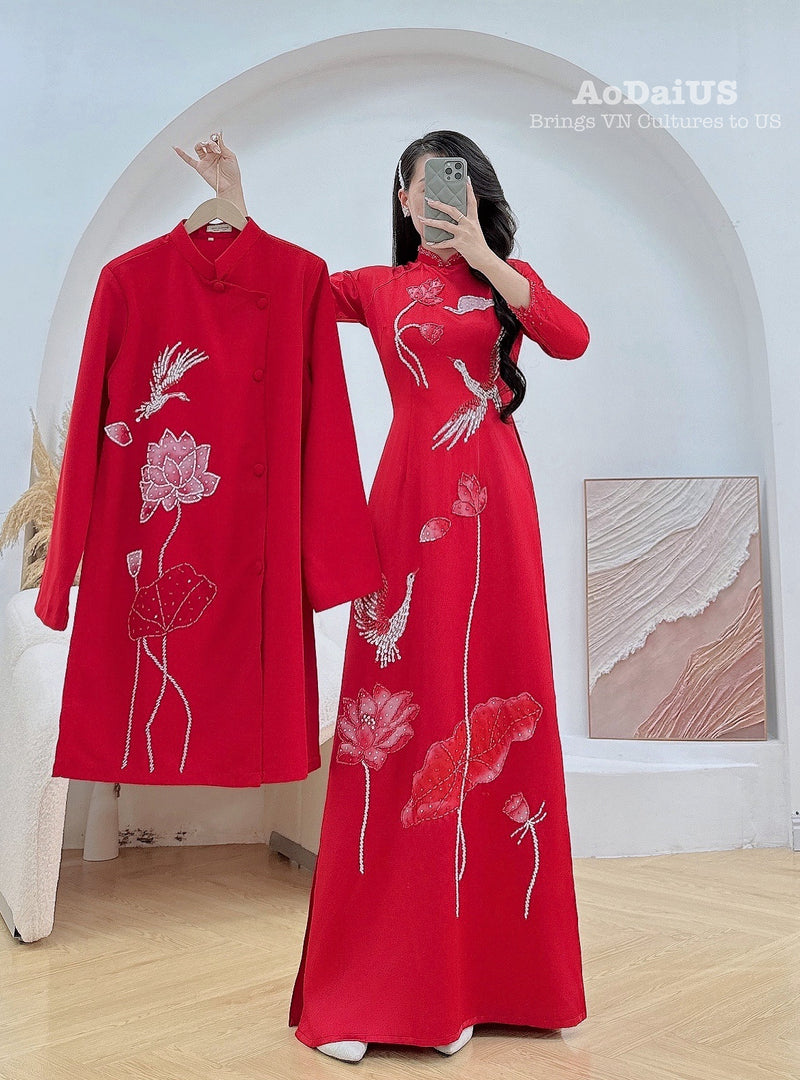 Red Bridal Ao Dai with Crystal Embellished Cranes and Lotus Flowers | Red Bridal Dress E24