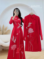 Red Bridal Ao Dai with Crystal Embellished Cranes and Lotus Flowers | Red Bridal Dress E24