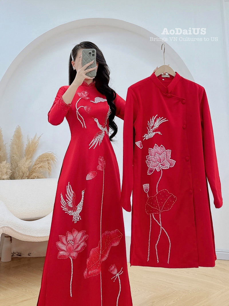 Red Bridal Ao Dai with Crystal Embellished Cranes and Lotus Flowers | Red Bridal Dress E24