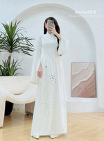 White Bridal Ao Dai with Crystal Embellished Cranes and Lotus Flowers | White Bridal Dress E24
