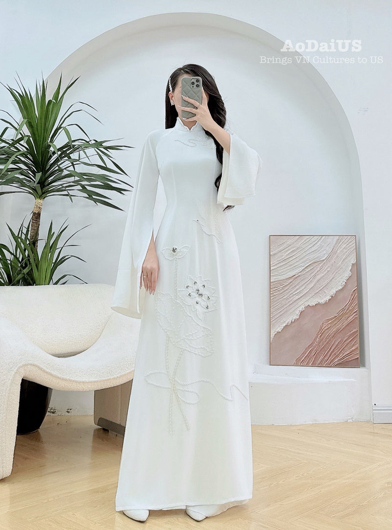 White Bridal Ao Dai with Crystal Embellished Cranes and Lotus Flowers | White Bridal Dress E24
