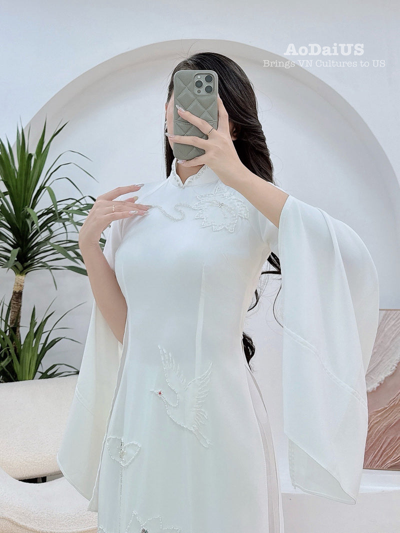 White Bridal Ao Dai with Crystal Embellished Cranes and Lotus Flowers | White Bridal Dress E24