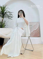White Bridal Ao Dai with Crystal Embellished Cranes and Lotus Flowers | White Bridal Dress E24