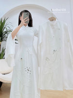 White Bridal Ao Dai with Crystal Embellished Cranes and Lotus Flowers | White Bridal Dress E24