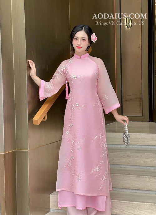 Pink Floral Whisper Vietnamese Modern Ao Dai Set N15