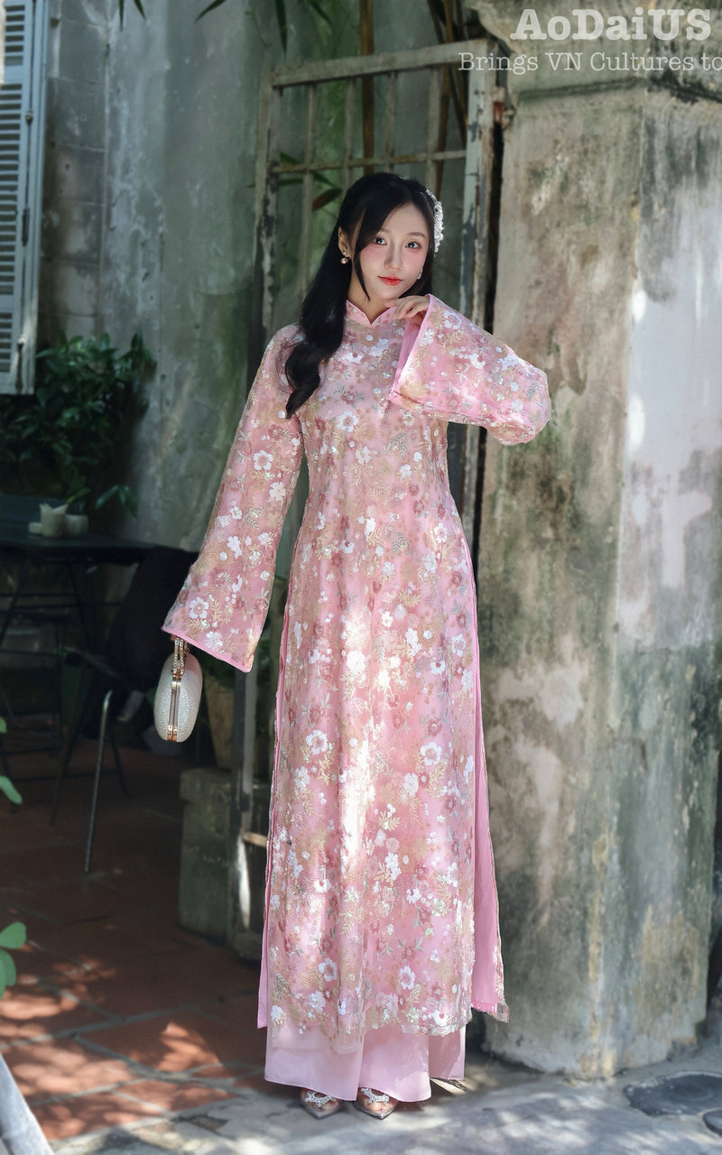 Flowers Sequin Shift Vietnamese Ao Dai | Áo Dài Cách Tân