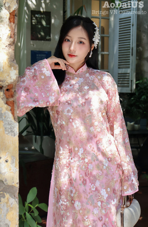 Flowers Sequin Shift Vietnamese Ao Dai | Áo Dài Cách Tân