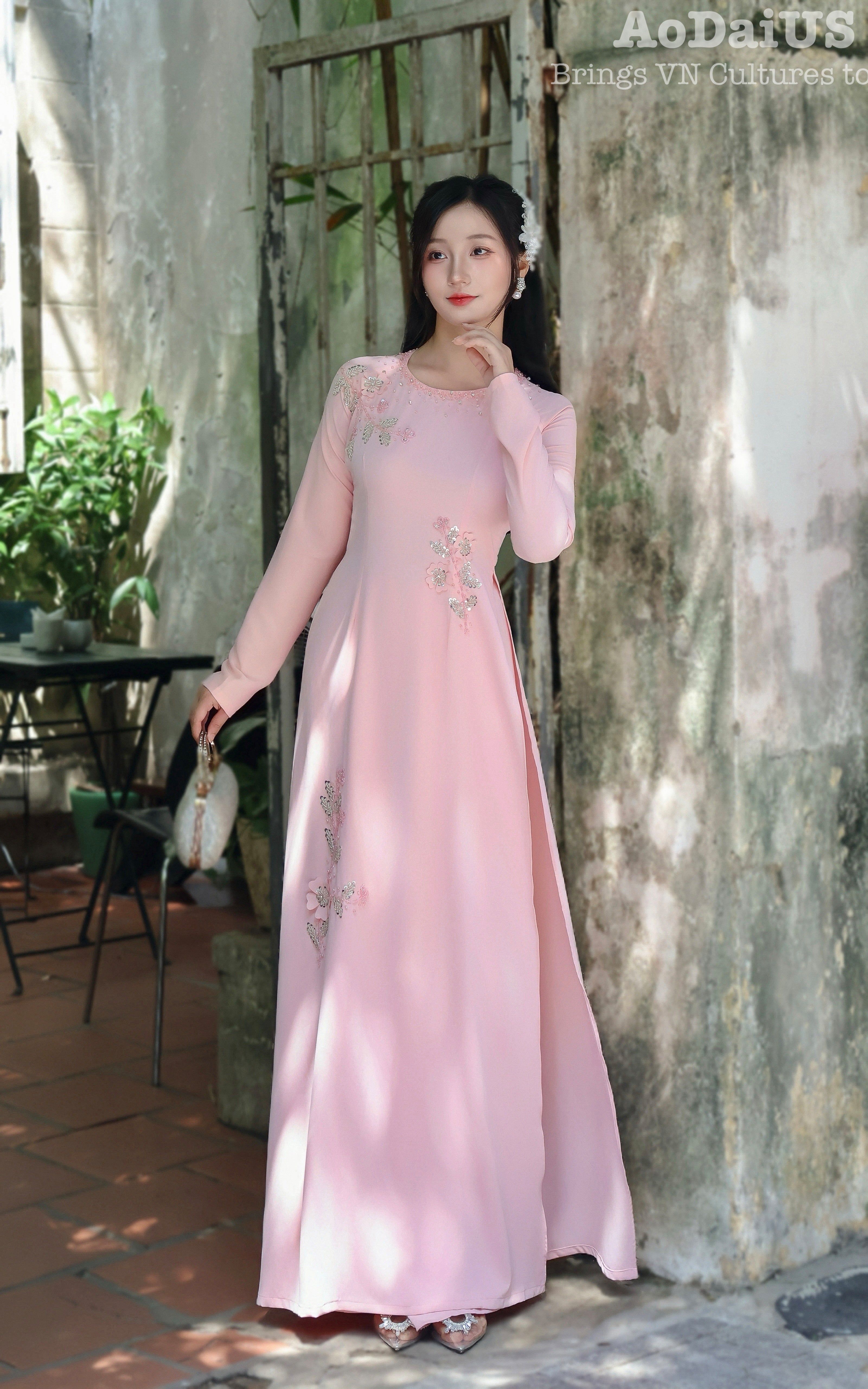Hand-beaded 3D flowers and crystal Traditional Vietnamese Ao Dai N17 ...